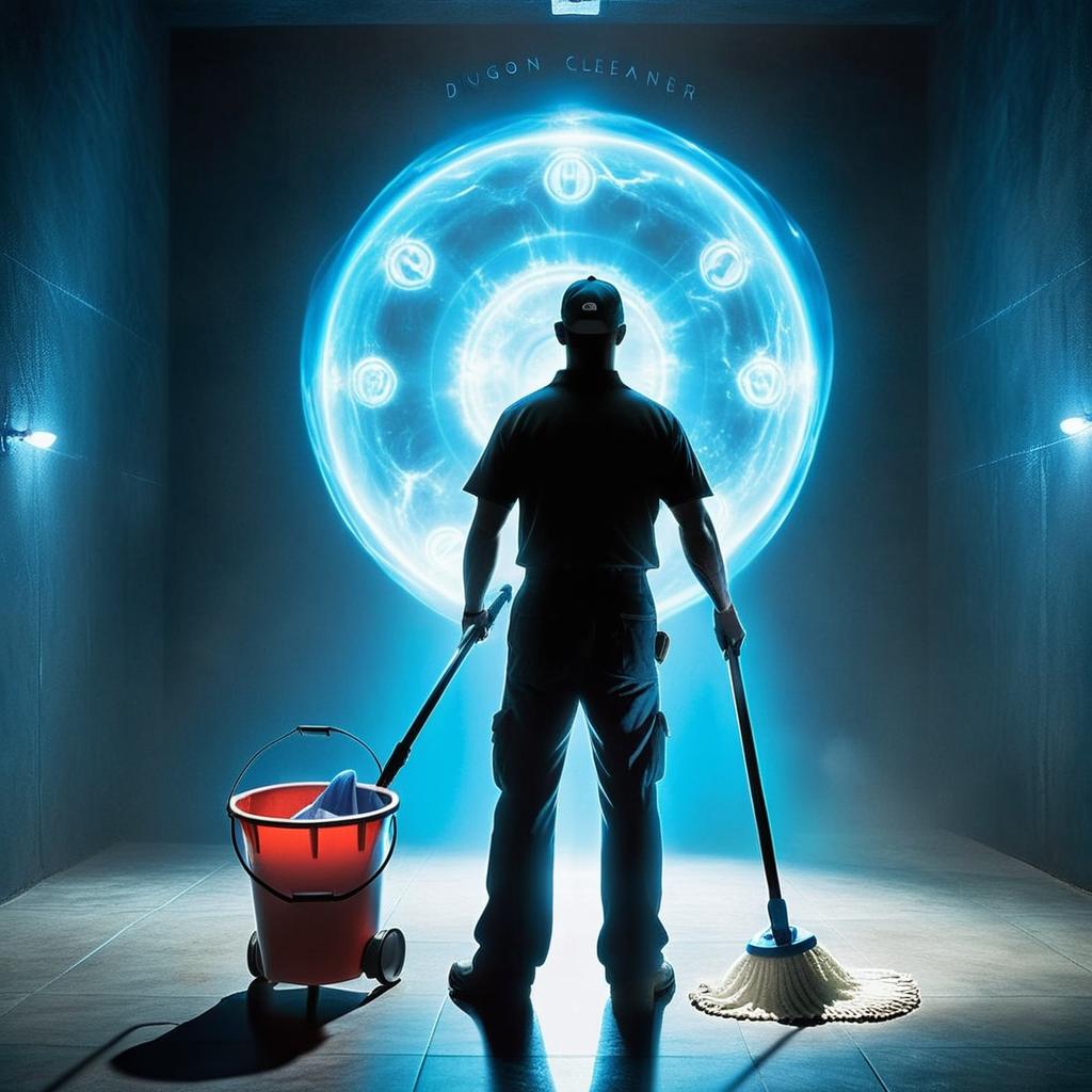 A janitor from behind facing a blue portal in a dark room mop and bucket, title Dungeon Cleaner,