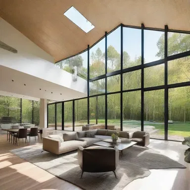 The modern house had an airy open floor plan with large windows and high ceilings.
