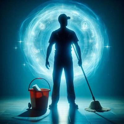 A book cover featuring a silhouette of a janitor standing with a mop and bucket, facing a mystical blue portal in a dark, atmospheric room