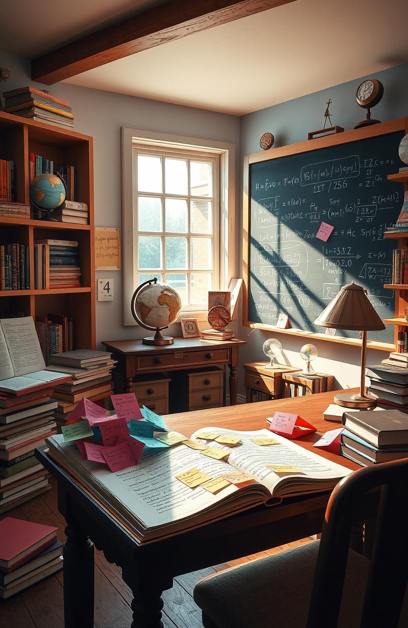 An artistic representation of a serene study environment filled with various math and algebra elements, such as open textbooks filled with algebraic equations, colorful sticky notes covered in mathematical formulas, a large chalkboard with intricate math problems, and a comfortable desk with a vintage lamp