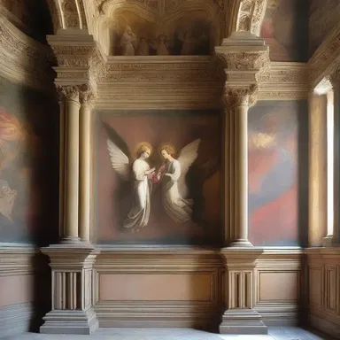 The paintings in the church portrayed angels in an airy and divine setting.