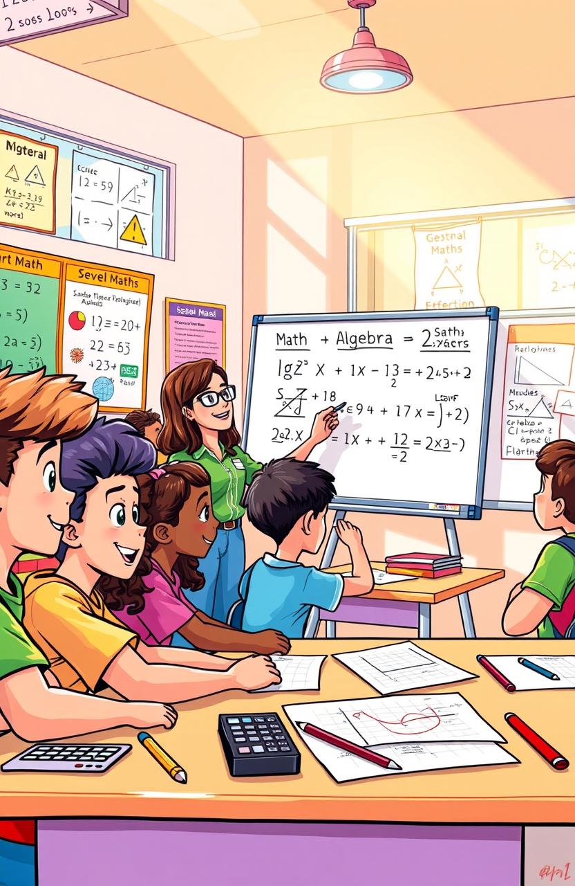 A vibrant and engaging illustration showcasing a colorful classroom scene dedicated to teaching math and algebra