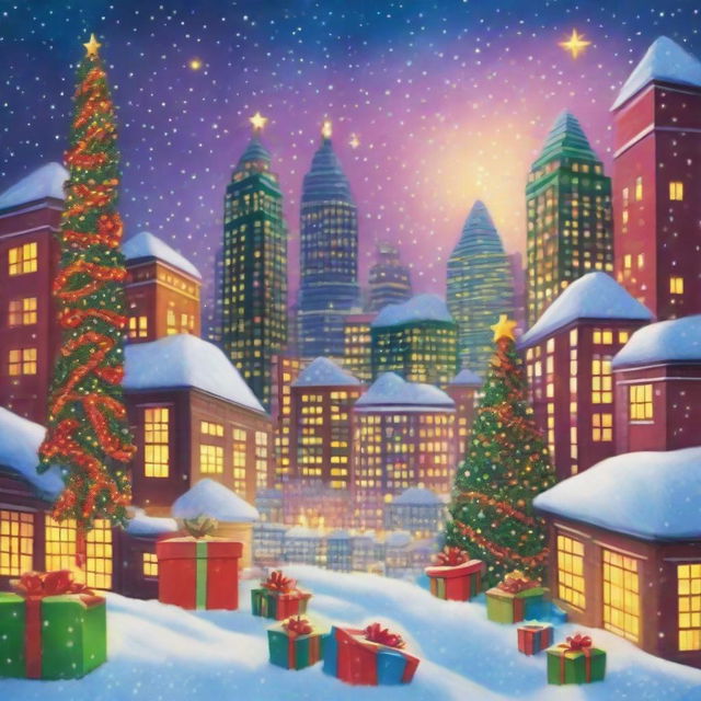 An extraordinarily festive cityscape where all skyscrapers are made out of vibrant Christmas presents adorned with twinkling lights and holly, under a magical snow-filled sky.