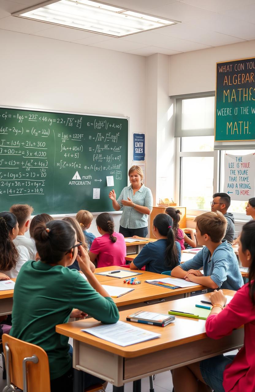 A vibrant educational scene featuring an engaging math and algebra classroom filled with diverse students eagerly participating