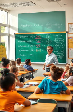 A vibrant educational scene featuring an engaging math and algebra classroom filled with diverse students eagerly participating