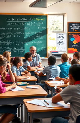 A vibrant educational scene featuring an engaging math and algebra classroom filled with diverse students eagerly participating