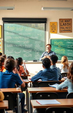 A vibrant educational scene featuring an engaging math and algebra classroom filled with diverse students eagerly participating