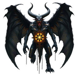 A terrifying demonic entity with a massive black body, highlighted by gray and gold details, standing against a pure white background
