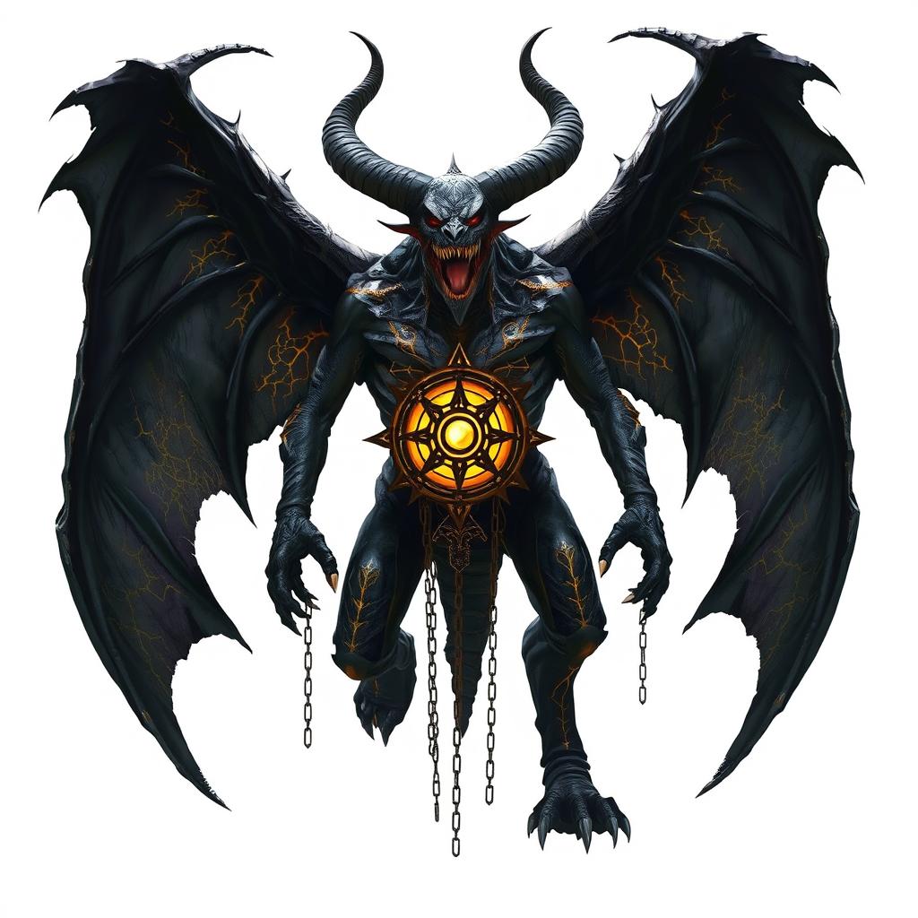 A terrifying demonic entity with a massive black body, highlighted by gray and gold details, standing against a pure white background