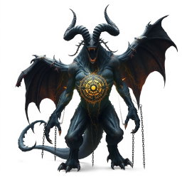 A terrifying demonic entity with a massive black body, highlighted by gray and gold details, standing against a pure white background