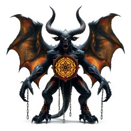 A terrifying demonic entity with a massive black body, highlighted by gray and gold details, standing against a pure white background