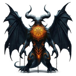 A terrifying demonic entity with a massive black body, highlighted by gray and gold details, standing against a pure white background