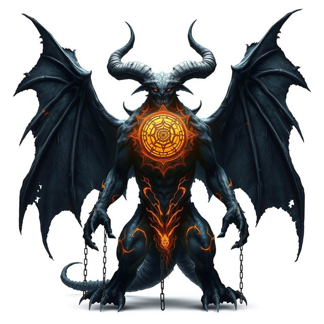 A terrifying demonic entity with a massive black body, highlighted by gray and gold details, standing against a pure white background