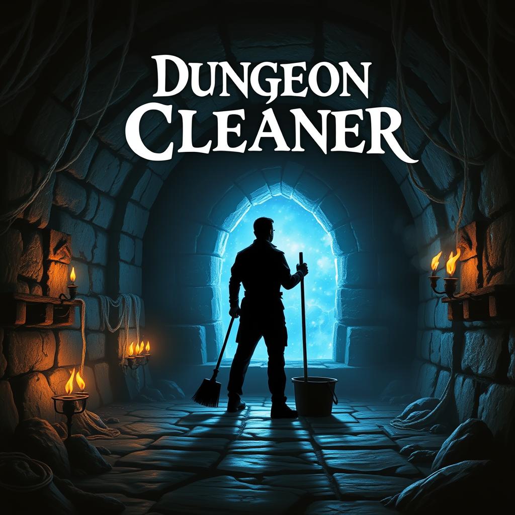 A book cover titled 'Dungeon Cleaner' featuring a janitor standing in a dark dungeon, looking towards a glowing blue portal
