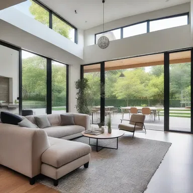 The open floor plan and high ceilings created an airy and spacious atmosphere in the modern house.