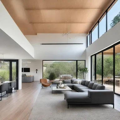 The open floor plan and high ceilings created an airy and spacious atmosphere in the modern house.