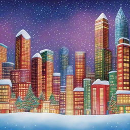 An extraordinarily festive cityscape where all skyscrapers are made out of vibrant Christmas presents adorned with twinkling lights and holly, under a magical snow-filled sky.