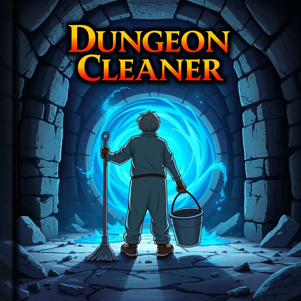 A book cover illustration featuring a dungeon cleaner viewed from behind, standing in front of a glowing, swirling blue portal