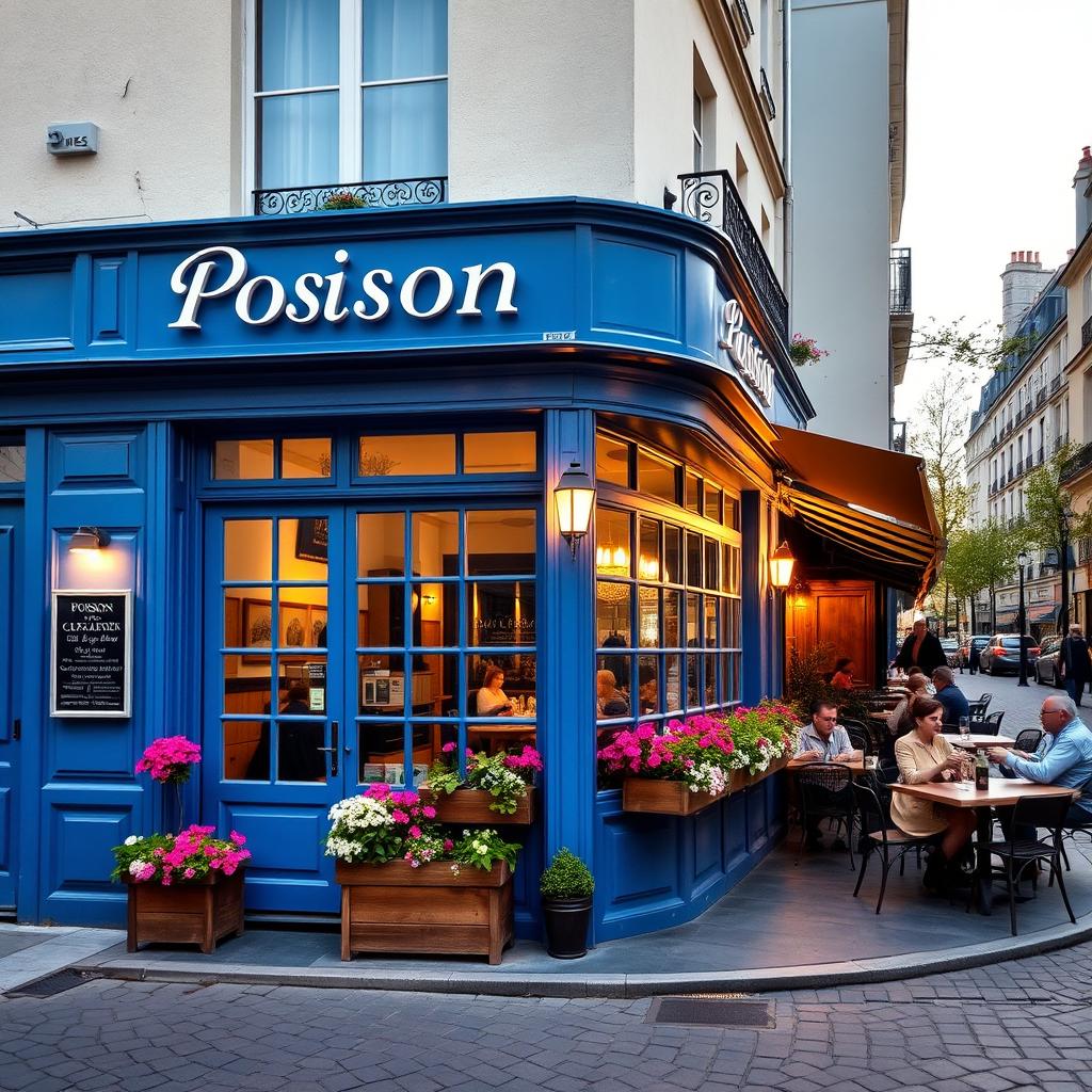 A beautiful exterior view of a quaint French restaurant named 'Poisson' with a charming outdoor seating area on a cobblestone street