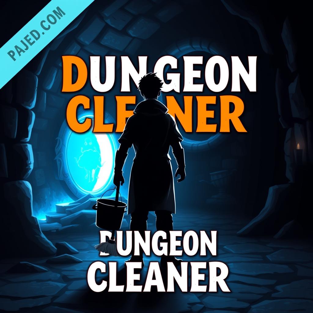 A book cover design titled 'Dungeon Cleaner', featuring a cleaner character viewed from behind, standing in front of a glowing blue portal