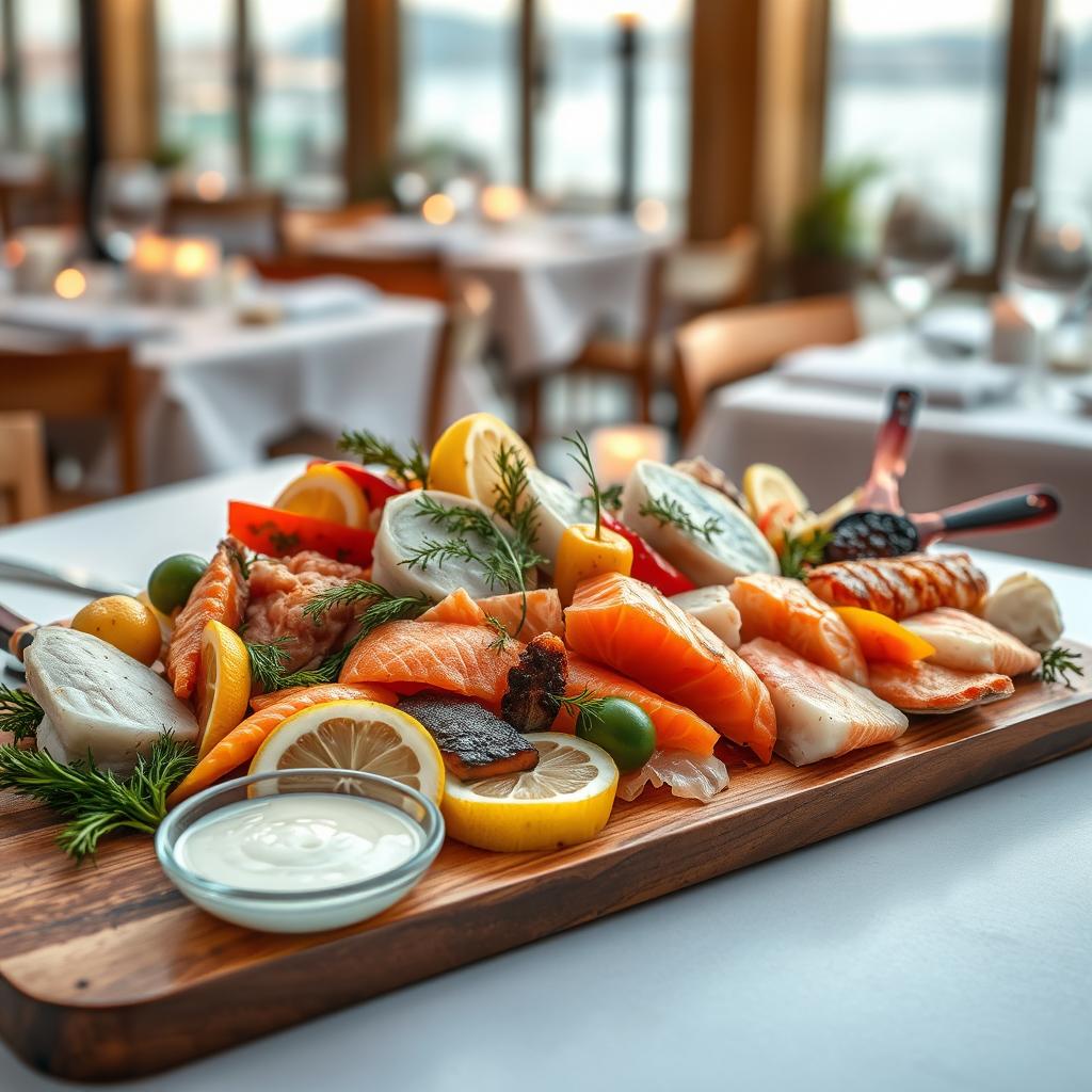 A beautifully arranged French seafood platter featuring 'Poisson Menu', with a variety of fresh fish such as salmon, tuna, and white fish, garnished with lemon slices, herbs, and colorful vegetables