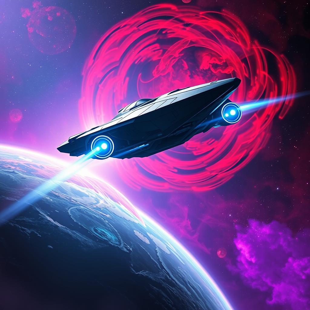 A vibrant digital art scene depicting a dramatic space exploration theme for a sci-fi book cover
