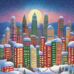 An extraordinarily festive cityscape where all skyscrapers are made out of vibrant Christmas presents adorned with twinkling lights and holly, under a magical snow-filled sky.