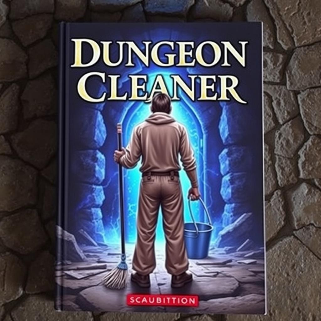 A captivating book cover for 'Dungeon Cleaner', featuring a cleaner viewed from behind, standing in front of an enchanting blue portal