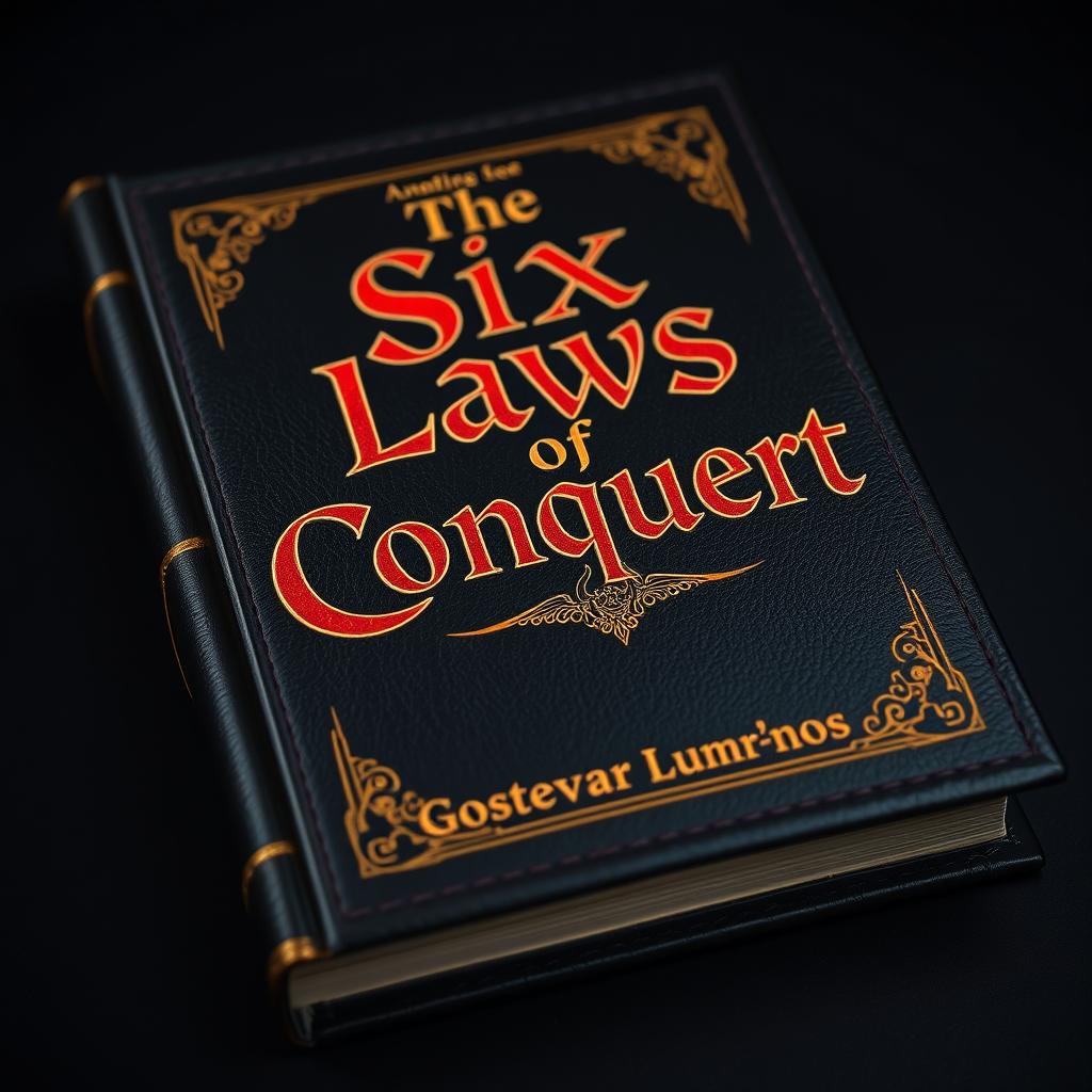 A black leather covered book featuring intricate red and golden stylized text that reads "The Six Laws of Conquest" prominently on the cover