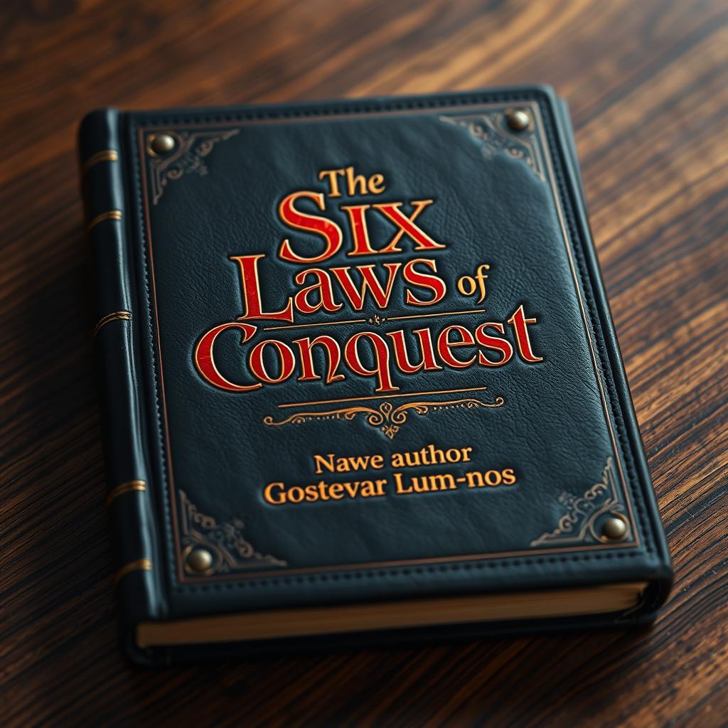 A beautifully crafted black leather covered book, prominently featuring an artistic and stylized title in striking red and gold text that reads “The Six Laws of Conquest
