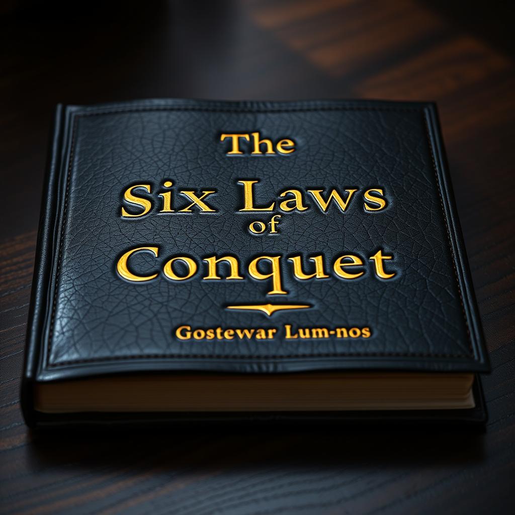 A stunning black leather covered book, the texture of the leather rich and detailed, featuring golden embossed text on the cover that elegantly reads “The Six Laws of Conquest” in a bold, classic font