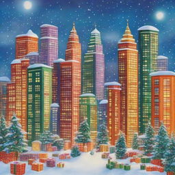 An extraordinarily festive cityscape where all skyscrapers are made out of vibrant Christmas presents adorned with twinkling lights and holly, under a magical snow-filled sky.