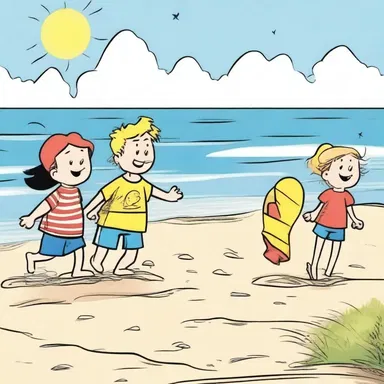 The characters in the comic strip enjoyed an airy day at the beach, with the wind blowing gently and the sun shining brightly.
