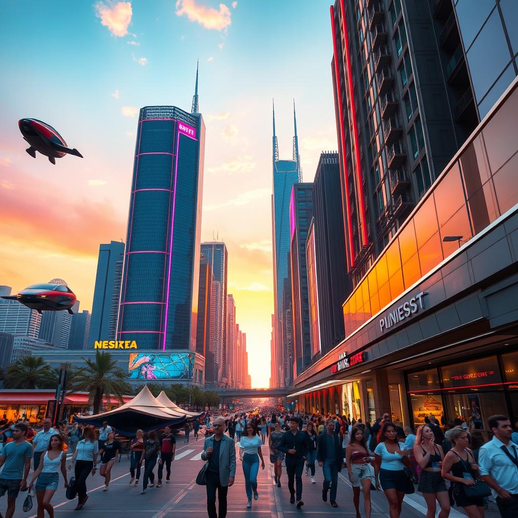 A futuristic cityscape at sunset, showcasing tall skyscrapers with sleek, modern architecture, illuminated by neon lights in vibrant colors