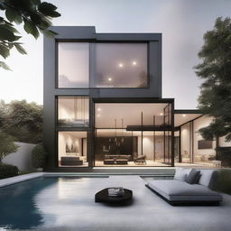 Generate an image of a luxury modern house with large glass windows, clean lines, stylish furniture, and cutting edge technology.