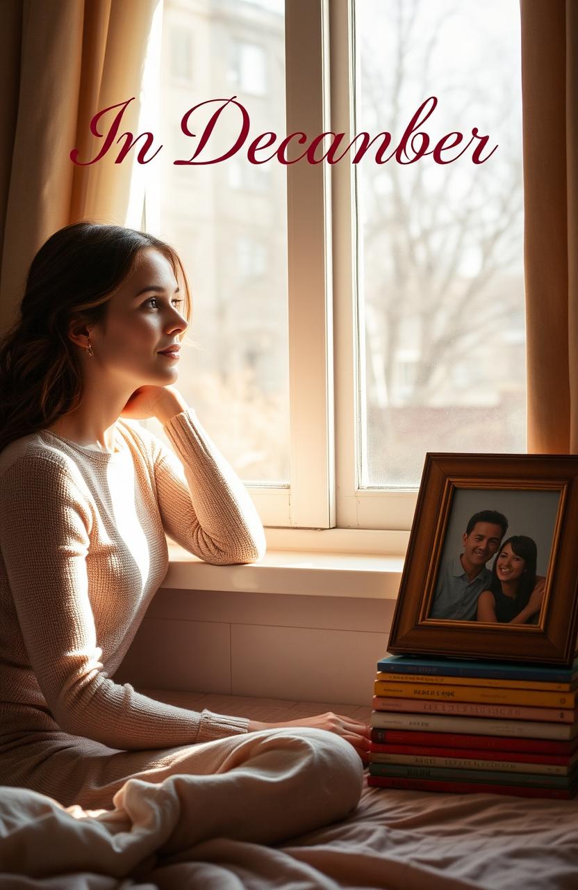 A beautiful woman sitting by her bedroom window, gazing thoughtfully out into the distance