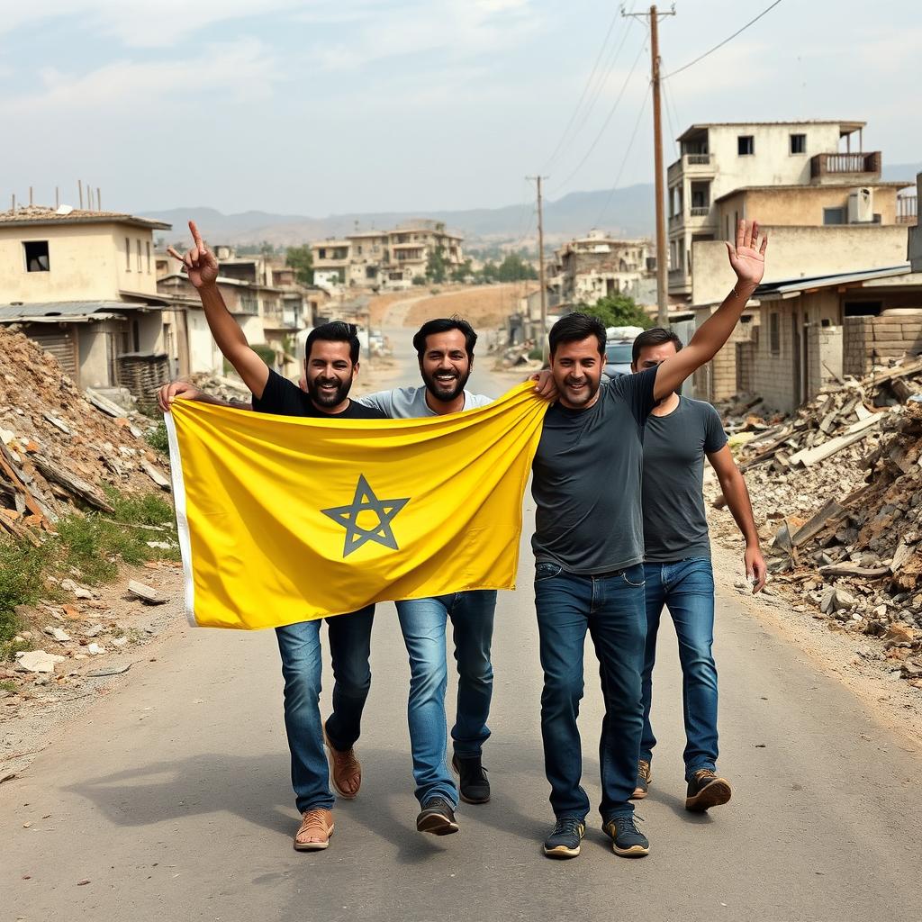 A group of men walking joyfully in a village in South Lebanon after a war, portraying a sense of victory and happiness