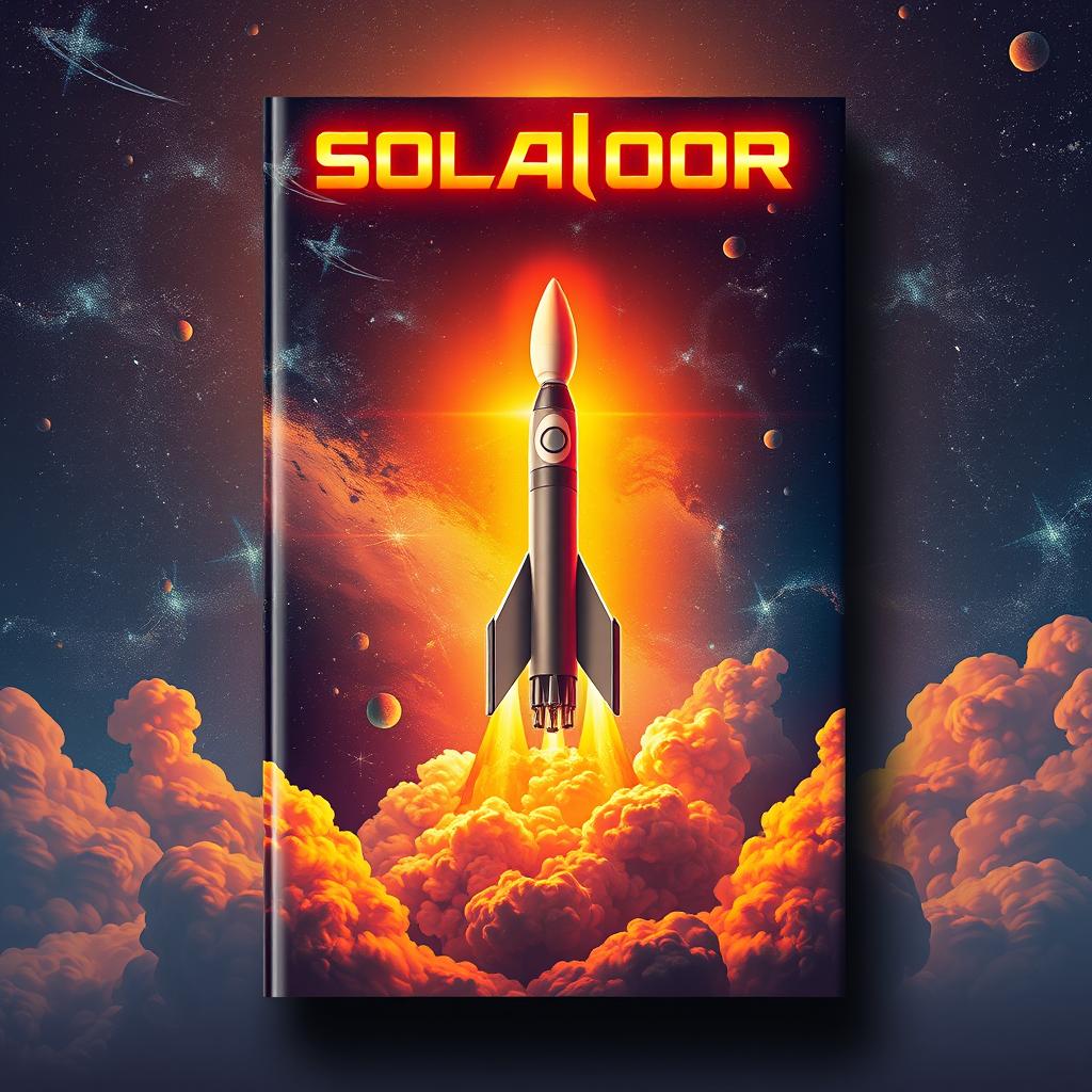 A captivating book cover design featuring a dramatic rocket launch into space