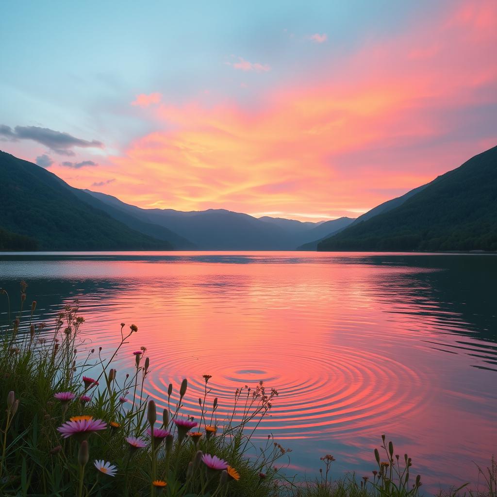 A serene, aesthetic landscape featuring a tranquil lake surrounded by lush green mountains under a vibrant sunset sky, with soft pink and orange hues reflecting on the water's surface