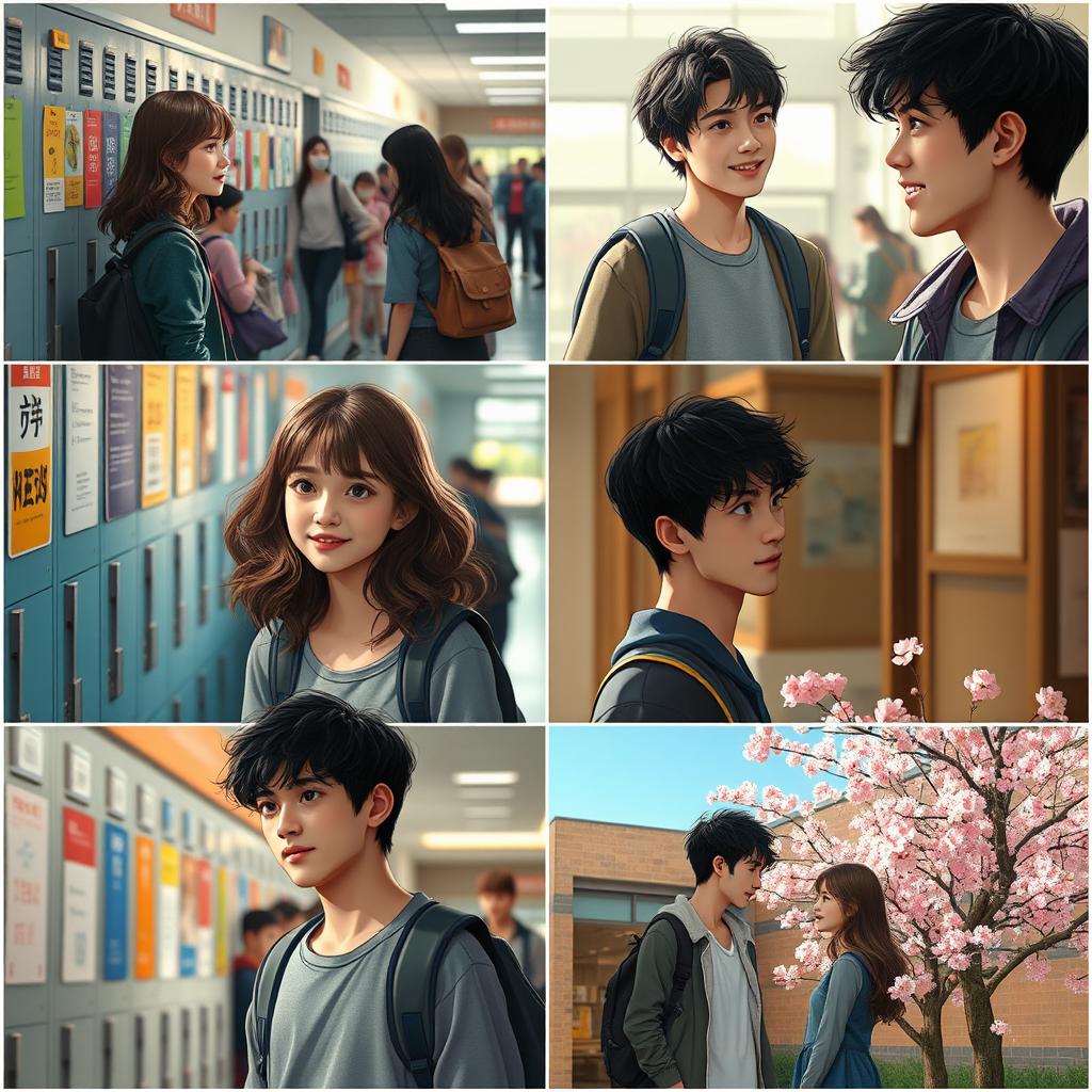 A series of vivid, cinematic scenes depicting a high school romance drama titled 'Unexpected Connections'