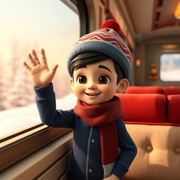 A 3D animated scene featuring a 6-year-old Iranian boy wearing a dark blue tracksuit, a winter-themed hat, and a dark red scarf