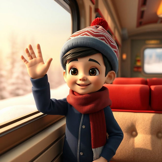 A 3D animated scene featuring a 6-year-old Iranian boy wearing a dark blue tracksuit, a winter-themed hat, and a dark red scarf