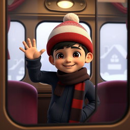 A 3D animated scene featuring a 6-year-old Iranian boy wearing a dark blue tracksuit, a winter-themed hat, and a dark red scarf
