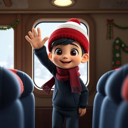 A 3D animated scene featuring a 6-year-old Iranian boy wearing a dark blue tracksuit, a winter-themed hat, and a dark red scarf