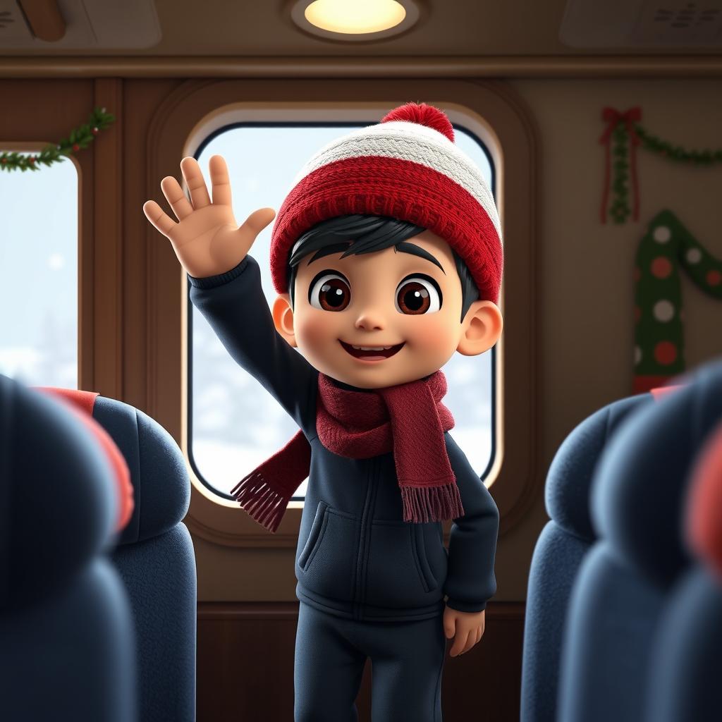 A 3D animated scene featuring a 6-year-old Iranian boy wearing a dark blue tracksuit, a winter-themed hat, and a dark red scarf