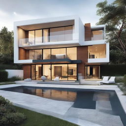 Generate an image of a luxury modern house with large glass windows, clean lines, stylish furniture, and cutting edge technology.