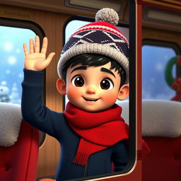 A 3D animated scene featuring a 6-year-old Iranian boy wearing a dark blue tracksuit, a winter-themed hat, and a dark red scarf