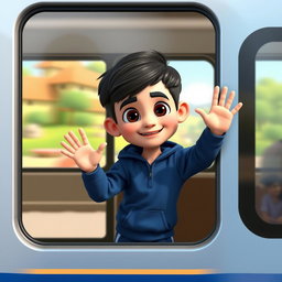 A 5 to 6-year-old first grade boy of Iranian ethnicity, with short dark hair and black eyes, wearing a bright dark blue sportswear outfit