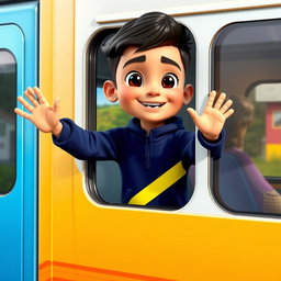 A 5 to 6-year-old first grade boy of Iranian ethnicity, with short dark hair and black eyes, wearing a bright dark blue sportswear outfit