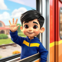 A 5 to 6-year-old first grade boy of Iranian ethnicity, with short dark hair and black eyes, wearing a bright dark blue sportswear outfit